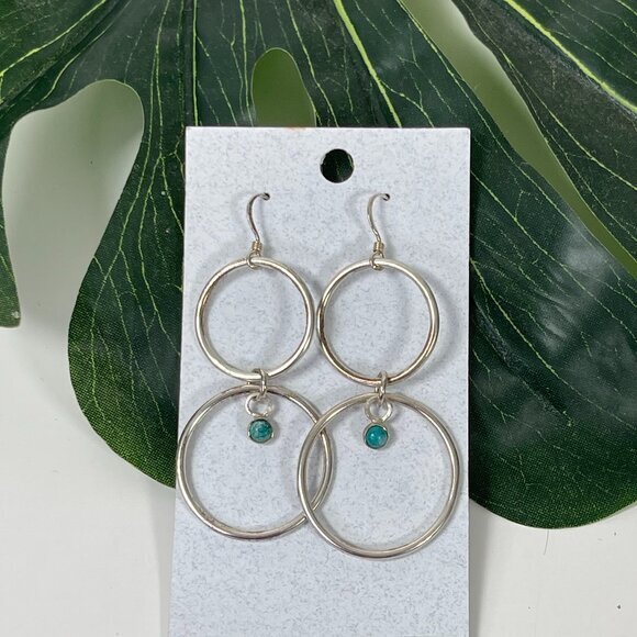 New Sterling Silver Double Hoop Dangle Earrings with Turquoise Gemstone Boho - Picture 1 of 7